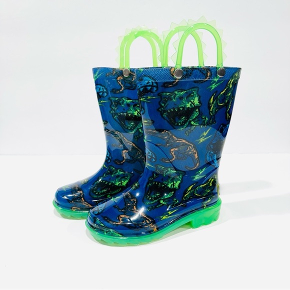 Western Chief Blue Green Dinosaur Friends Kids Toddlers Light Up Rain Boots - Picture 1 of 8